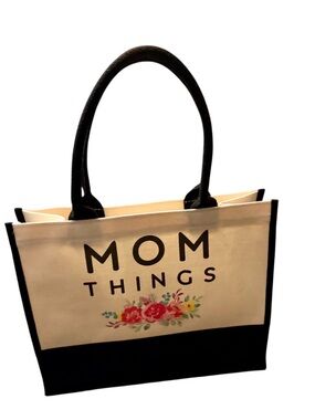 NEW Canvas 'MOM THINGS' Tote Bag in Black and Cream, 14”x11”x6”